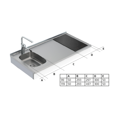 Maße - Wandhängendes motorisch verstellbares Mini-Küchenmodul 6300-ESFS