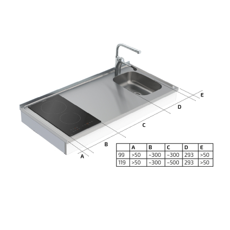 Maße - Wandhängendes motorisch verstellbares Mini-Küchenmodul 6300-ESFS