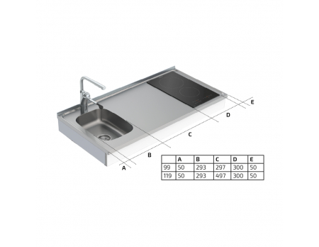 Maße - Wandhängendes manuell verstellbares Mini-Küchenmodul 6350-ESFS