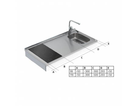 Maße - Wandhängendes manuell verstellbares Mini-Küchenmodul 6350-ESFS