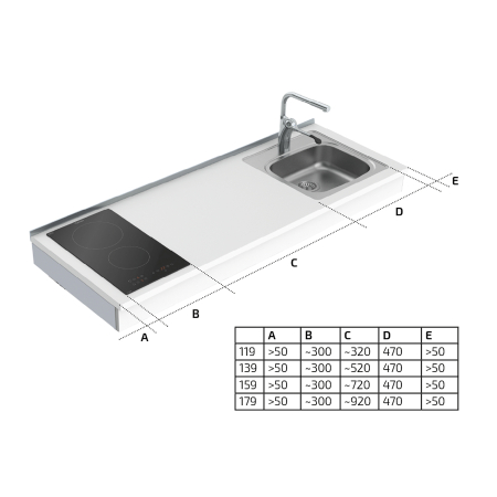 Maße - Wandhängendes motorisch verstellbares Mini-Küchenmodul 6300-ES11S2