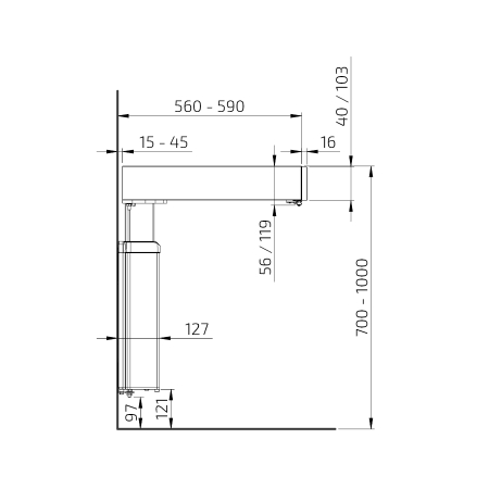 Maße - Arbeitsplattenlift Baselift 6300HA, 59-480 cm, wandhängend