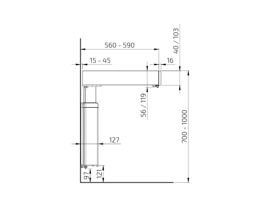 Maße - Arbeitsplattenlift Baselift 6300HA, 59-480 cm, wandhängend