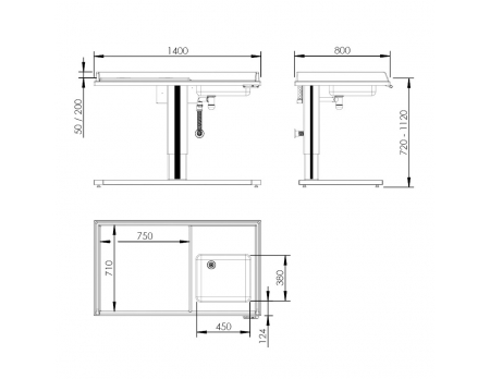Maße - Wickeltisch 333, motorisch höhenverstellbar, Waschbecken rechts - Leiter links, 140x80 cm