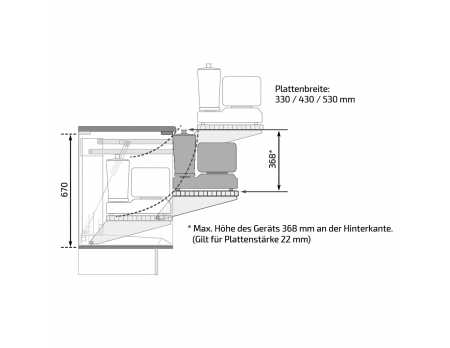 Maße - Liftsystem für Küchenmaschinen - Unilift 870 mit Handtaster und Platte