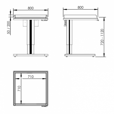 Maße - Wickeltisch 333, motorisch höhenverstellbar - Leiter links, seitenhöhe 20 cm, 80x80 cm