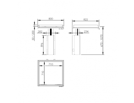 Maße - Wickeltisch 335, motorisch höhenverstellbar - Leiter rechts, seitenhöhe 20 cm, 80x80 cm