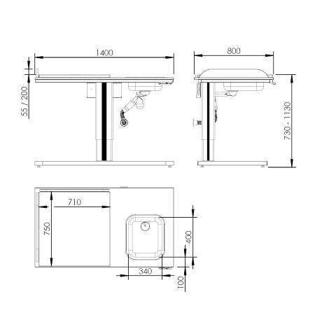 Maße - Wickeltisch 332, motorisch höhenverstellbar Waschbecken rechts - Leiter links, 140x80 cm