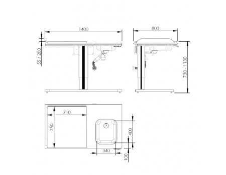Maße - Wickeltisch 332, motorisch höhenverstellbar Waschbecken rechts - Leiter links, 140x80 cm