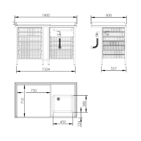 Maße - Wickeltisch 327 Waschbecken rechts - Leiter links, seitenhöhe 20 cm, 140x80 cm