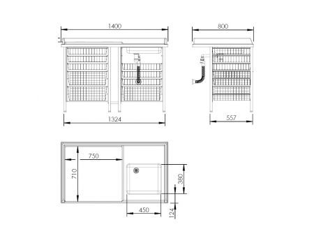 Maße - Wickeltisch 327 Waschbecken rechts - Leiter links, seitenhöhe 20 cm, 140x80 cm